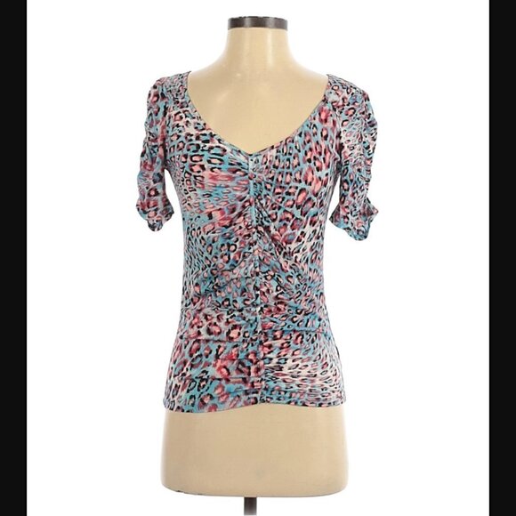 Ellen Tracy Top XS Silk Leopard Print Sheer Ruched Animal Pink Blue Bloomingdale - Picture 1 of 8